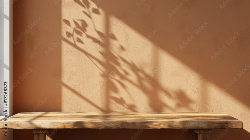 Poster a wooden table with a shadow of a tree on the wall