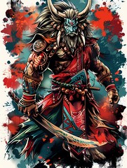 A vibrant illustration of a fierce warrior with tribal elements and a dramatic background.