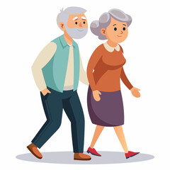 Old senior man and woman walking together arm in arm. Aged grey haired couple