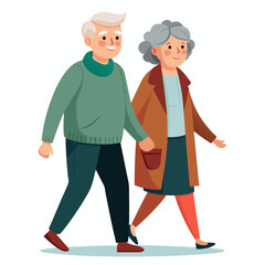Old senior man and woman walking together arm in arm. Aged grey haired couple