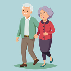 Old senior man and woman walking together arm in arm. Aged grey haired couple
