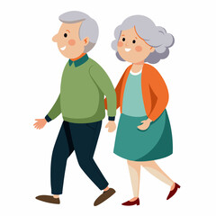 Old senior man and woman walking together arm in arm. Aged grey haired couple