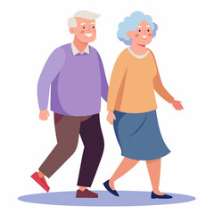 Old senior man and woman walking together arm in arm. Aged grey haired couple