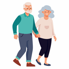 Old senior man and woman walking together arm in arm. Aged grey haired couple