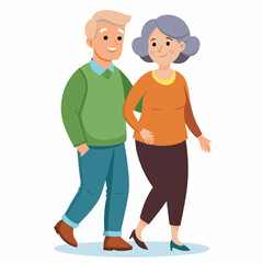 Old senior man and woman walking together arm in arm. Aged grey haired couple