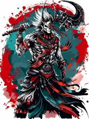 A fierce warrior with a skull mask, wielding an axe, surrounded by splashes of color.