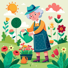 Grandmother watering flowers on a flowerbed in a garden. Active Longevity 