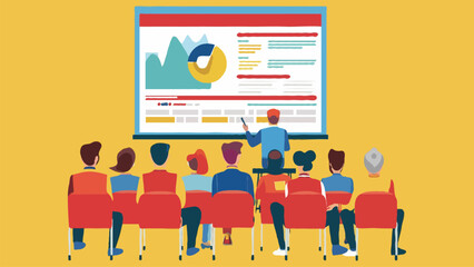 A corporate illustration of a man who teaches other people on white background