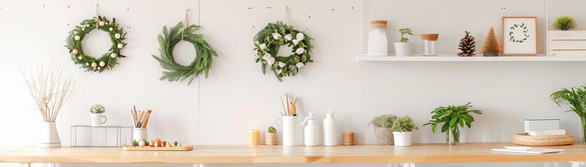 A home office with a DIY wreath-making corner, themed wreaths hanging on the wall, and a desk full of crafting tools and materials