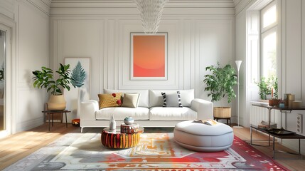 Fototapeta premium A bright living room with white walls a large sofa and colorful accents 