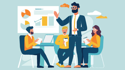 A corporate illustration of a man who teaches other people on white background