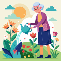 Grandmother watering flowers on a flowerbed in a garden. Active Longevity 