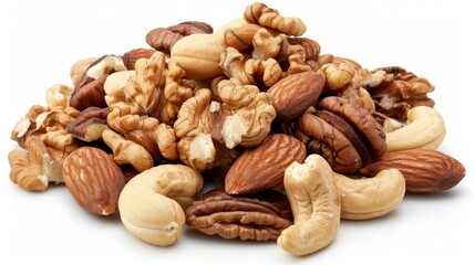 Various nuts with a slice of orange on white background, nutrition concept