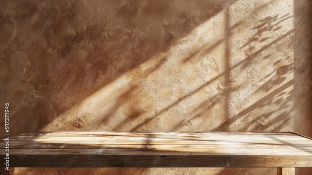 Poster A wooden table with a window in the background