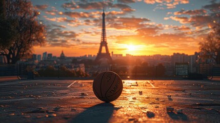 Basketball game in front of a stylized Paris skyline, Paris, basketball competition