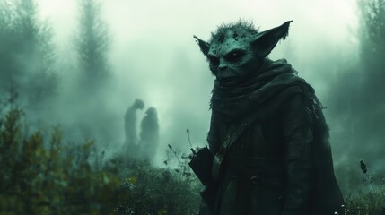 Goblin with a solemn expression, standing in a misty woodland, with the background fading into fog