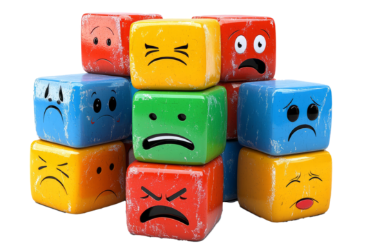 A stack of colorful cubes, each representing a different facial expression, emotion such as excitement, sadness and curiosity, isolated on white background.