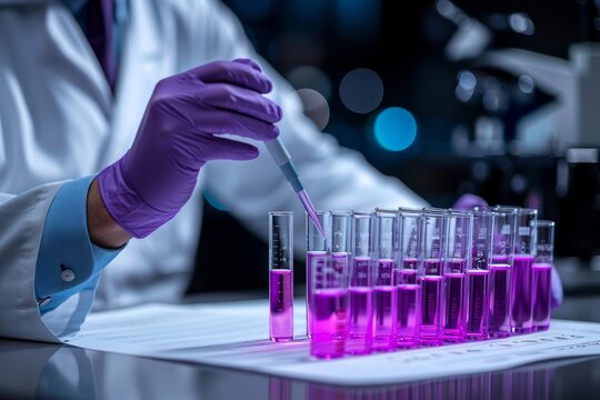 Scientist Conducting Experiments With Test Tubes in a Research Laboratory at Night