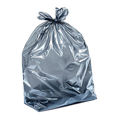 A detailed image of a clear plastic garbage bag, showcasing its glossy surface and tied closure for waste disposal, isolated on transparent background.