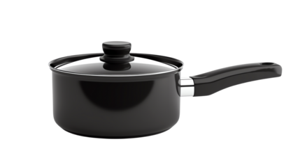 Black saucepan with a lid, perfect for cooking a variety of dishes. Ideal for home kitchens and culinary presentations.