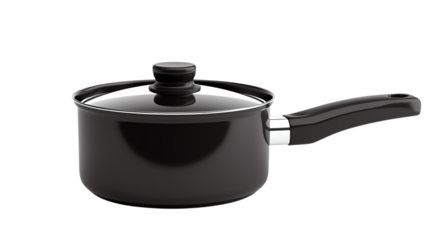 Black saucepan with a lid, perfect for cooking a variety of dishes. Ideal for home kitchens and culinary presentations.