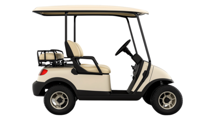 Golf cart designed for comfortable transportation on the course or in resorts, isolated on transparent background.