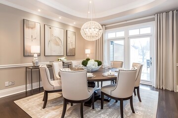  A chic dining area with a round table elegant chairs and a statement light fixture 
