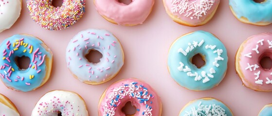 A Collection of Glazed Donuts with Sprinkles on a Pink Background