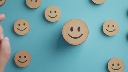Hand-chosen smiley face icon on a wooden circle