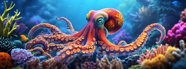 Obraz premium A vibrant octopus swimming gracefully in the colorful coral reef