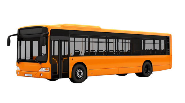 Orange city bus designed for urban transport, isolated on transparent background.