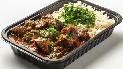 Black plastic rectangular container with beef stew and steamed jasmine rice, garnished with chopped herbs, isolated on a white background, side view, food photography, delicious, studio shot, shadows