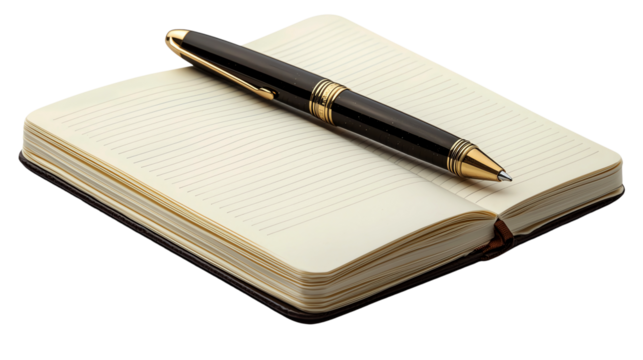 Notebook with a classic pen, ideal for jotting down thoughts, notes, or ideas, isolated on transparent background.