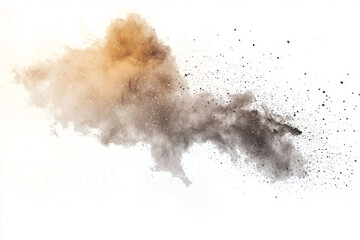 Fototapeta premium Soft, ethereal dust clouds exploding gently, blending shades of gray and brown against a clean white backdrop.