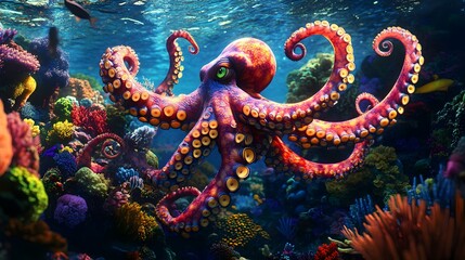 Obraz premium A vibrant octopus swimming gracefully in the colorful coral reef