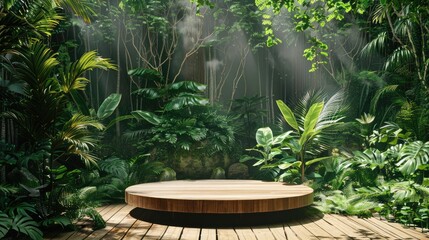 Wooden podium in jungle setting for nature-inspired display in spring or summer promotion.