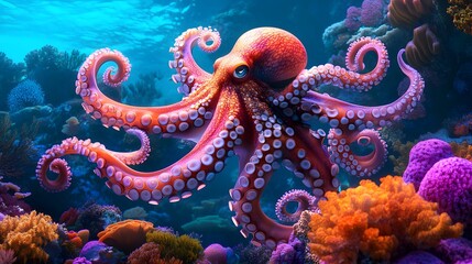 Obraz premium A vibrant octopus swimming gracefully in the colorful coral reef