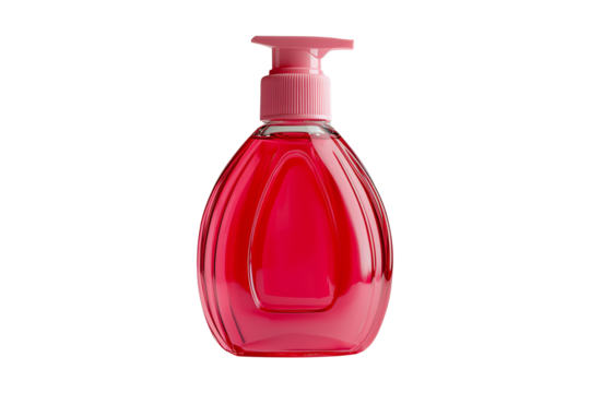 Bright pink pump bottle designed for various liquid products, ideal for beauty, skincare, or personal care applications, isolated on transparent background.