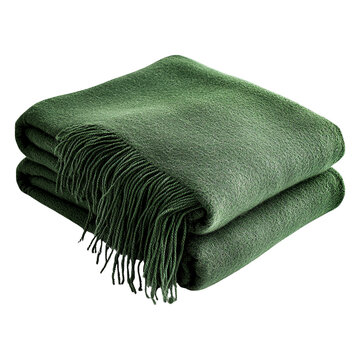 Cozy green blanket folded with fringe, isolated on transparent background.