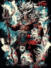 Obraz premium A powerful warrior character adorned in tribal attire, showcasing strength and culture.