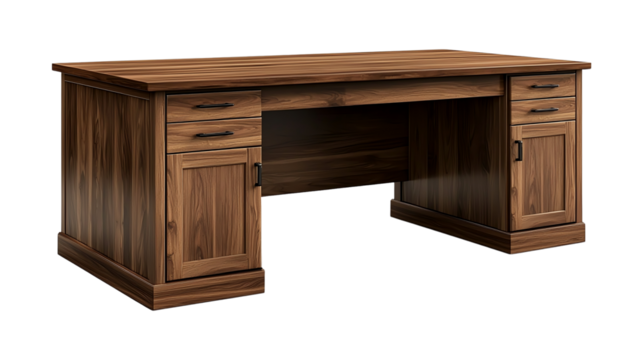 Elegant wooden desk with drawers, perfect for home or office use, combining functionality and style for productive work environments, isolated on transparent background.