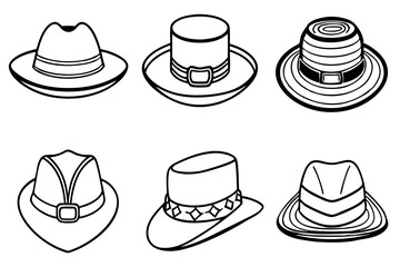 Set of Black Hat Styles vector illustration, Line Art, Outline hand drawing Silhouette Collection