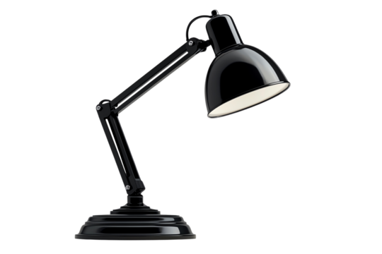 Black desk lamp with adjustable arm, isolated on transparent background.