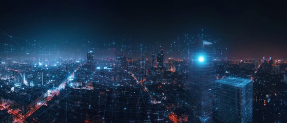 Obraz premium Nighttime Cityscape with Digital Network Overlay