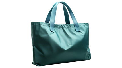 Stylish teal tote bag with smooth finish, isolated on transparent background.