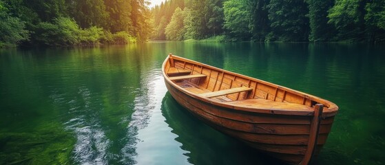 Obraz premium Wooden Rowboat Moored in a Serene Forest Lake