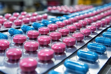 Colorful Medication Capsules Arranged Neatly on Factory Production Line in Modern Pharmaceutical Facility