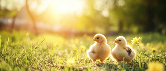 Two Fluffy Yellow Chicks in a Lush Green Meadow