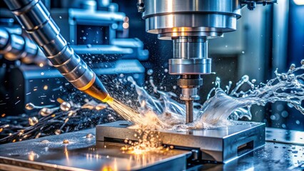Innovative manufacturing setting illustrating a CNC machine at work, accompanied by coolant splattering.