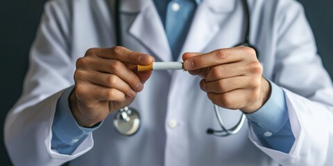 Empowering Health Message: Doctor Demonstrates Smoking Cessation by Breaking a Cigarette, Advocating for a Smoke-Free Life